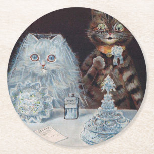 Cat Wedding, Marriage, Bride, Louis Wain Round Paper Coaster