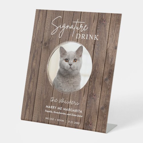 Cat Wedding Signature Drinks Cocktail Bar Wood Pedestal Sign