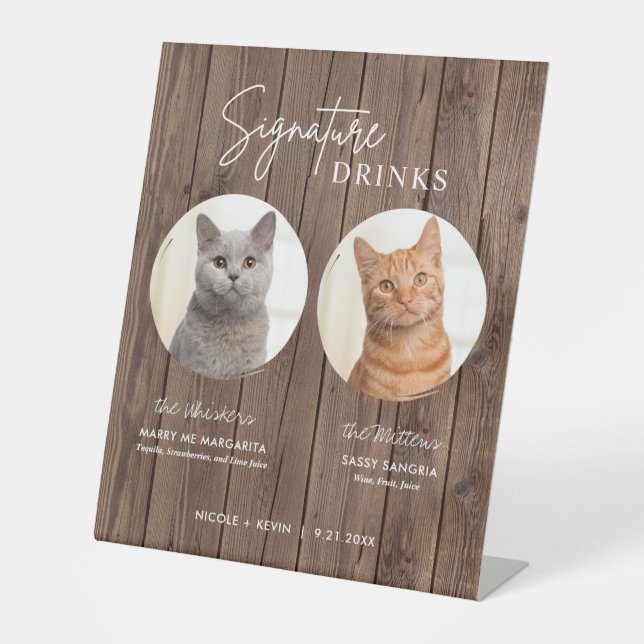 Cat Wedding Signature Drinks Cocktail Bar Wood Pedestal Sign (Front)