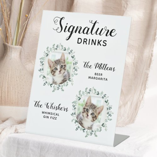 Cat Wedding Signature Drinks Custom 2 Pet Photo Pedestal Sign