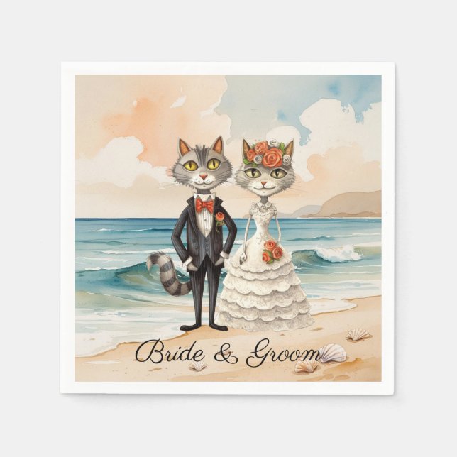 Cat Wedding with Bride and Groom Beach themed Napkins (Front)