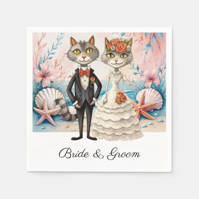 Cat Wedding with Bride and Groom Beach themed Napkins (Front)