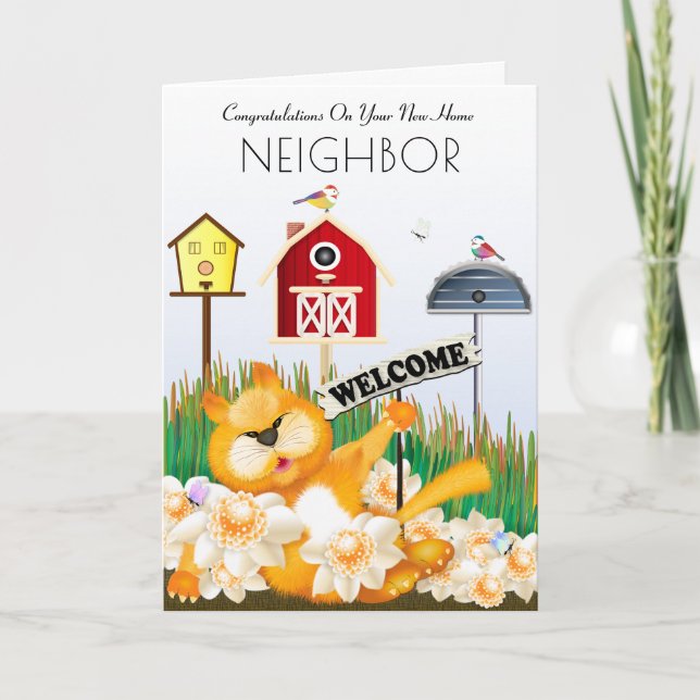 Cat Welcomes Birds To The Neighborhood | New Home Card (Front)