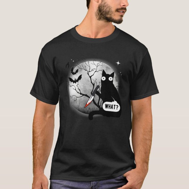 Cat What Assassin Murderous Cat & Knife Halloween T-Shirt (Front)