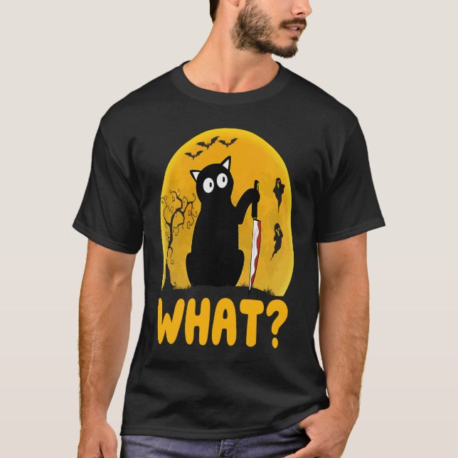 Cat What  Black Cat Murderous Cat With Knife Hallo T-Shirt (Front)