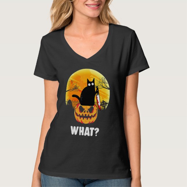 Cat What  Black Cat Murderous Cat With Knife T-Shirt (Front)