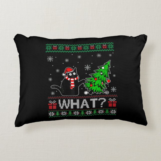 Cat What Funny Black Cat Pushing Christmas Tree Accent Pillow (Front)