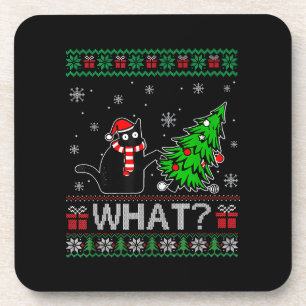 Cat What Funny Black Cat Pushing Christmas Tree Beverage Coaster