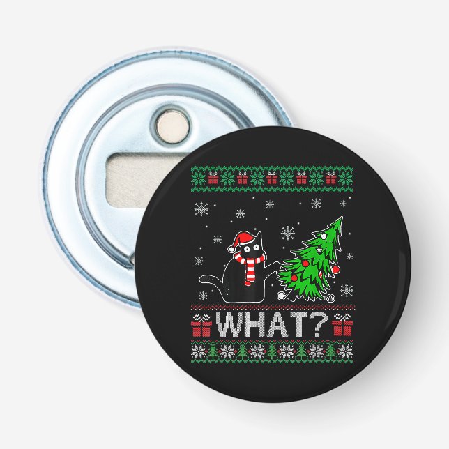 Cat What Funny Black Cat Pushing Christmas Tree Bottle Opener (Front)