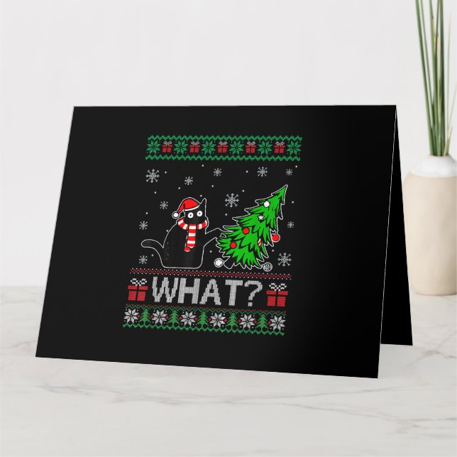 Cat What Funny Black Cat Pushing Christmas Tree Card (Front)