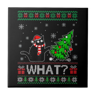 Cat What Funny Black Cat Pushing Christmas Tree Ceramic Tile