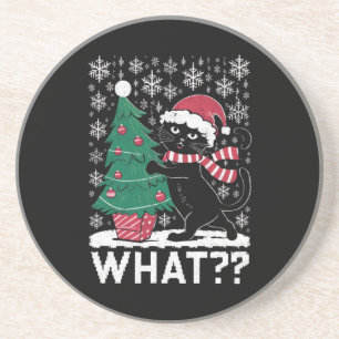 Cat What Funny Black Cat Pushing Christmas Tree Coaster