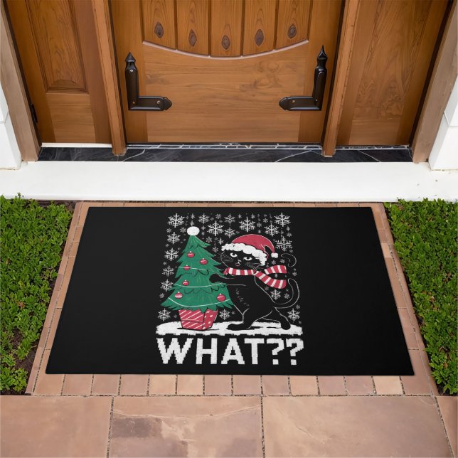 Cat What Funny Black Cat Pushing Christmas Tree  Doormat (Outdoor)