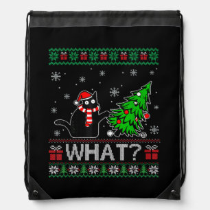 Cat What Funny Black Cat Pushing Christmas Tree Drawstring Bag