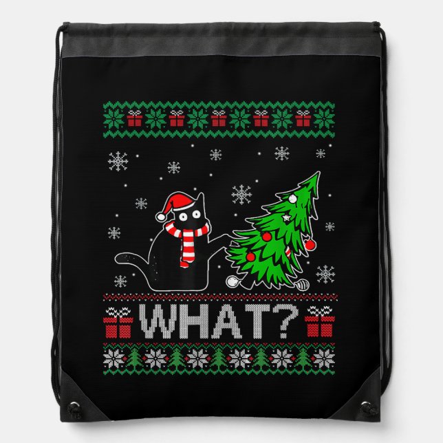 Cat What Funny Black Cat Pushing Christmas Tree Drawstring Bag (Front)