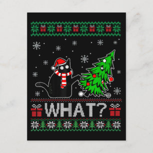 Cat What Funny Black Cat Pushing Christmas Tree Enclosure Card