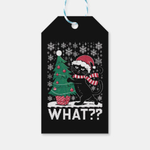 Cat What Funny Black Cat Pushing Christmas Tree Gift Tags