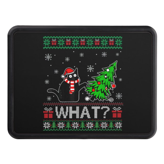 Cat What Funny Black Cat Pushing Christmas Tree Hitch Cover (Front)