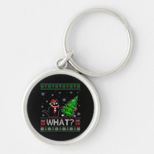 Cat What Funny Black Cat Pushing Christmas Tree Keychain