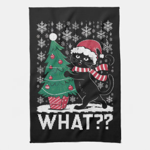 Cat What Funny Black Cat Pushing Christmas Tree Kitchen Towel