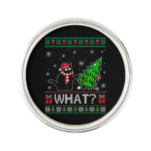 Cat What Funny Black Cat Pushing Christmas Tree Lapel Pin
