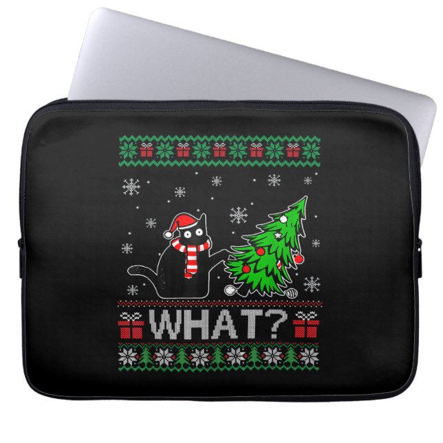 Cat What Funny Black Cat Pushing Christmas Tree Laptop Sleeve (Front)