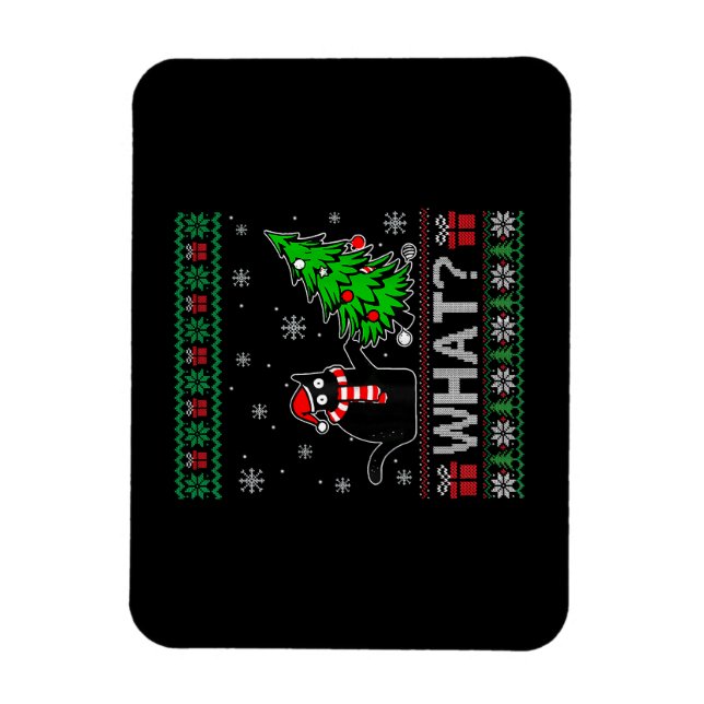 Cat What Funny Black Cat Pushing Christmas Tree Magnet (Vertical)
