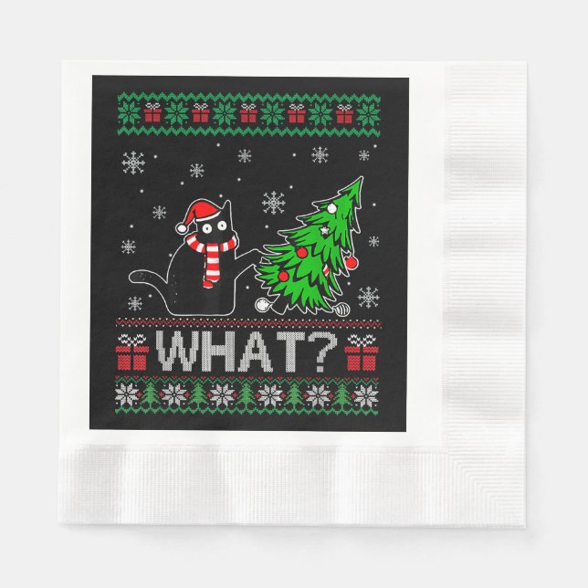 Cat What Funny Black Cat Pushing Christmas Tree Napkins (Front)