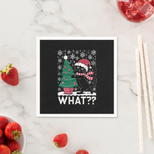 Cat What Funny Black Cat Pushing Christmas Tree Napkins