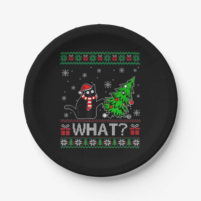 Cat What Funny Black Cat Pushing Christmas Tree Paper Plates (Front)