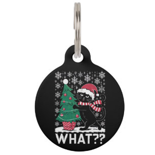 Cat What Funny Black Cat Pushing Christmas Tree Pet ID Tag