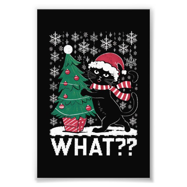 Cat What Funny Black Cat Pushing Christmas Tree  Photo Print (Front)
