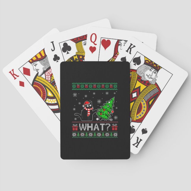 Cat What Funny Black Cat Pushing Christmas Tree Poker Cards (Back)