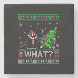 Cat What Funny Black Cat Pushing Christmas Tree Stone Coaster