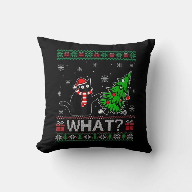 Cat What Funny Black Cat Pushing Christmas Tree Throw Pillow (Front)