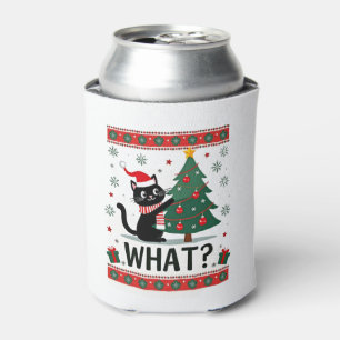 Cat What Funny Black Cat Pushing Christmas Tree Ug Can Cooler