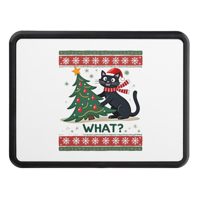 Cat What Funny Black Cat Pushing Christmas Tree Ug Hitch Cover (Front)