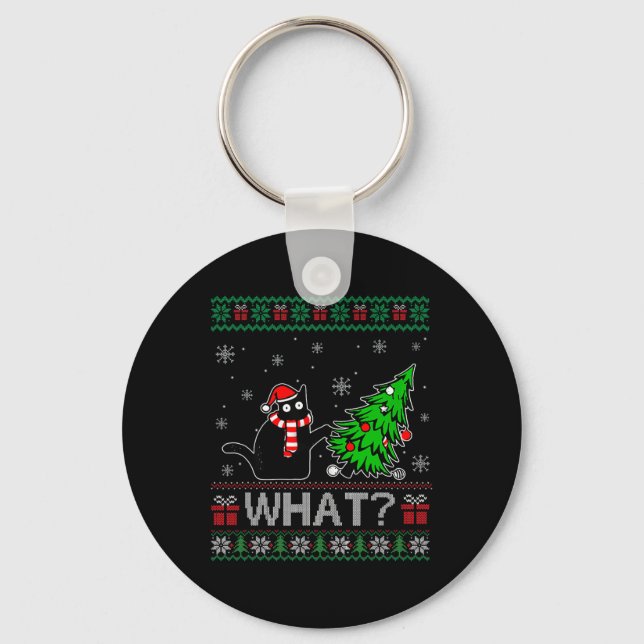 Cat What Funny Black Cat Pushing Christmas Tree Ug Keychain (Front)