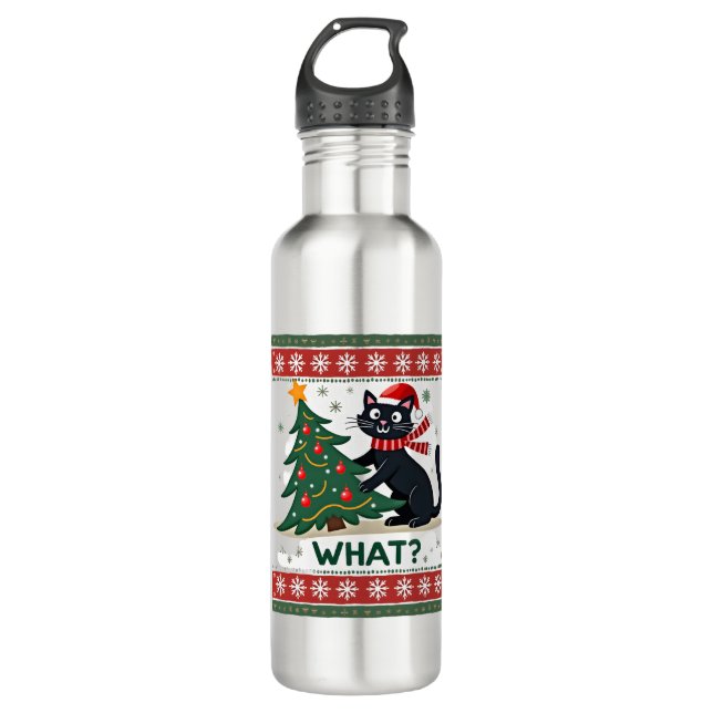 Cat What Funny Black Cat Pushing Christmas Tree Ug Stainless Steel Water Bottle (Front)