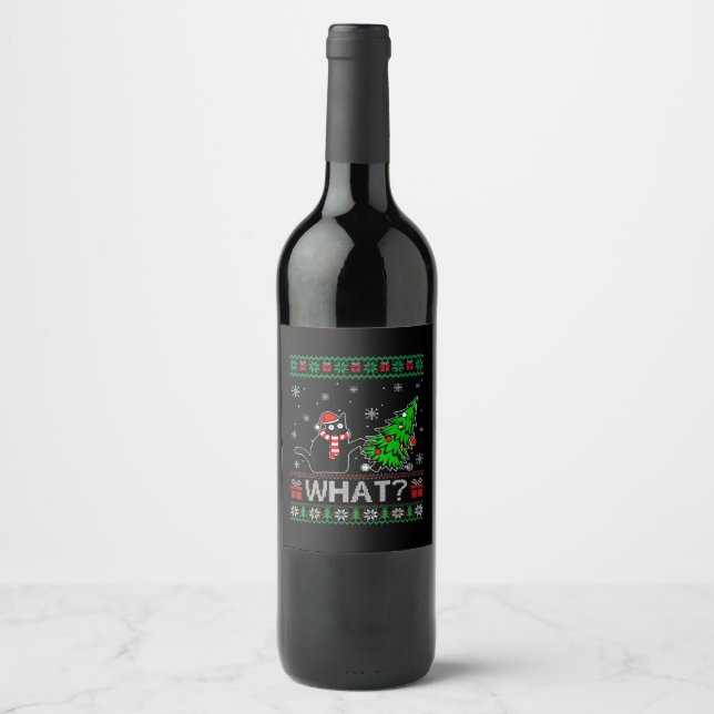 Cat What Funny Black Cat Pushing Christmas Tree Wine Label (Front)