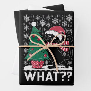 Cat What Funny Black Cat Pushing Christmas Tree Wrapping Paper Sheets