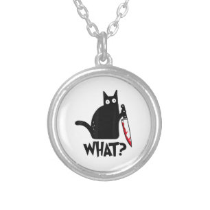 Cat What_ Funny Black Cat  Silver Plated Necklace
