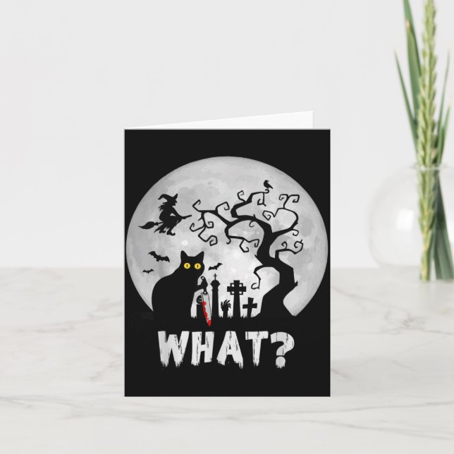Cat What_ Halloween Black Cat With Knife - Funny Card (Front)