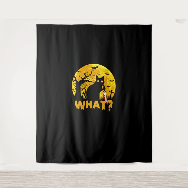Cat What_ Halloween Black Cat with Knife - Funny W Tapestry (Front)