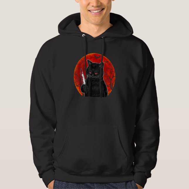 Cat What  Murderous Black Cat With Knife Halloween Hoodie (Front)