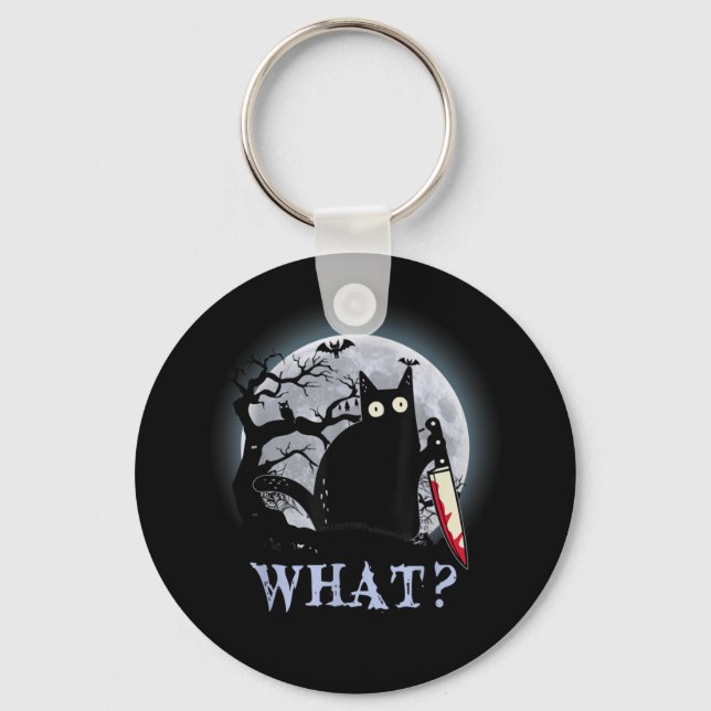 Cat What Murderous Black Cat With Knife Halloween Keychain (Front)
