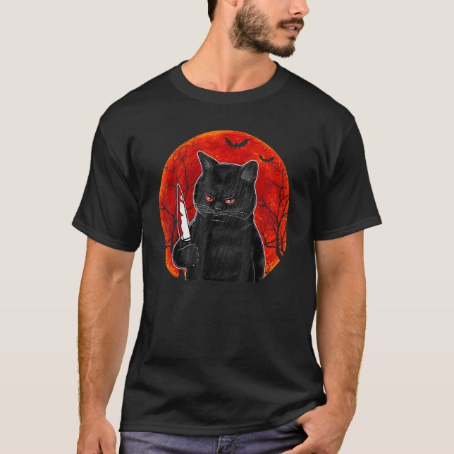 Cat What  Murderous Black Cat With Knife Halloween T-Shirt (Front)