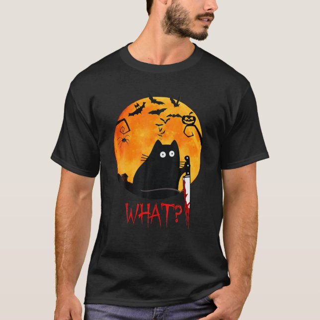 CAT WHAT? Murderous Black Cat With Knife Halloween T-Shirt (Front)