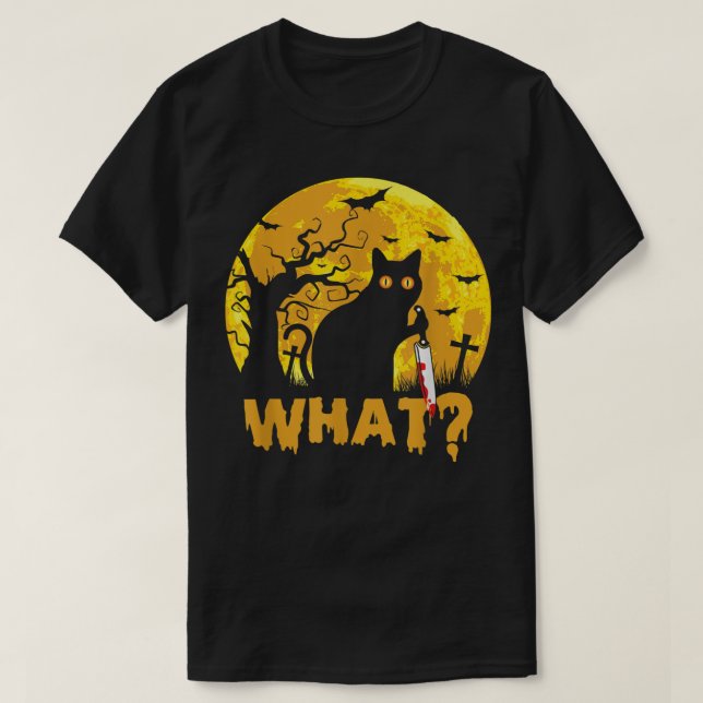 CAT WHAT Murderous Black Cat with Knife Halloween  T-Shirt (Design Front)
