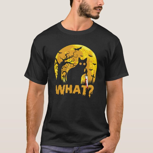 CAT WHAT Murderous Black Cat with Knife Halloween  T-Shirt (Front)
